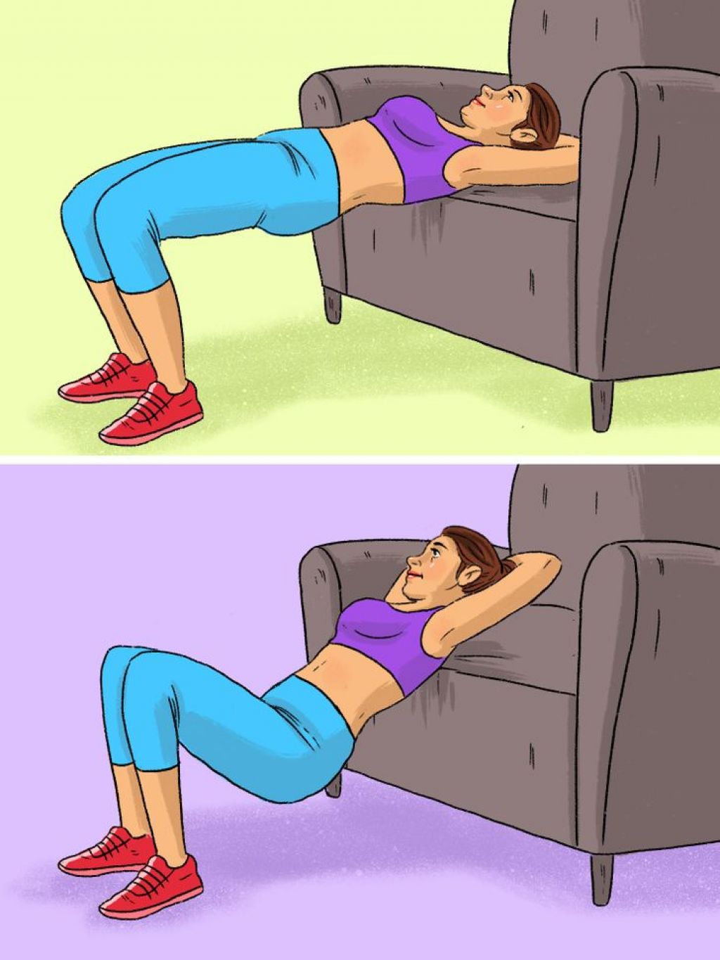 Упражнения лежа на диване. Упражнения для ягодиц на диване. Упражнение мостик с дивана. Ягодичный мост с дивана. Упражнения на ноги.